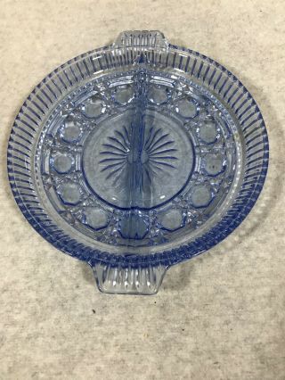 Vintage Blue Pressed Glass Divided Dish With Handles Circle Design
