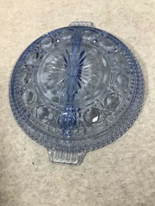 VINTAGE BLUE PRESSED GLASS DIVIDED DISH WITH HANDLES CIRCLE DESIGN 2