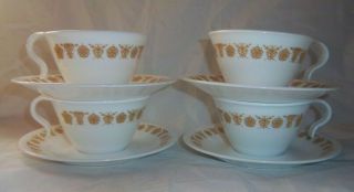 Set Of 4 Vintage Corelle Butterfly Gold Hook Handle Coffee Mugs And Saucers