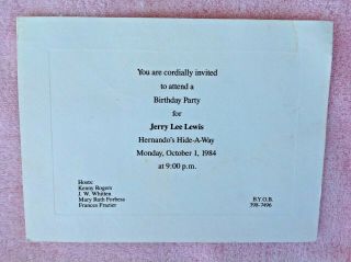 Jerry Lee Lewis Birthday Party Rare Invitation October 1,  1984 In Memphis Tn