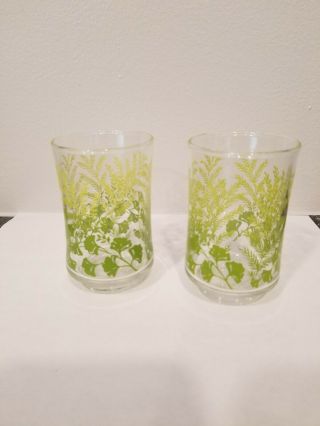 Vintage Libbey Juice Drinking Glasses Green Yellow Leaves Plants Flowers Retro