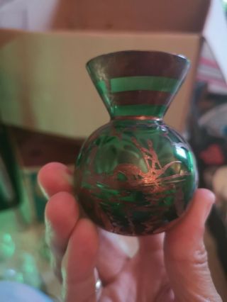 Small Green Glass Posy Vase Oriental Scene