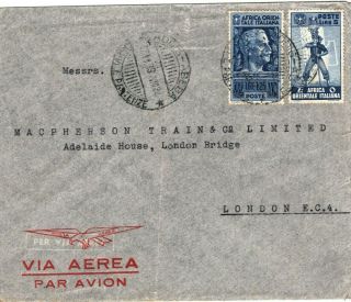 Italian Cols Ethiopia Cover Addis Abeba Commercial Air Mail Gb London 1939 Ma828