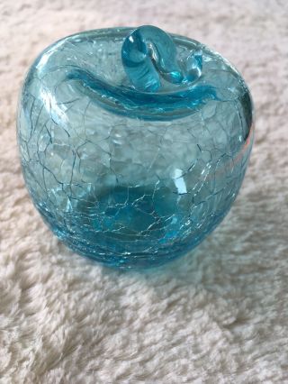 Vintage Hand Blown 3” Aqua Crackle Glass Decorative Apple