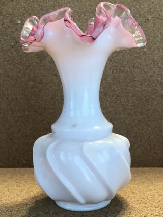 Vintage Fenton Silver Crest Ruffle Rim Milk Glass Pink Interior Vase 6”