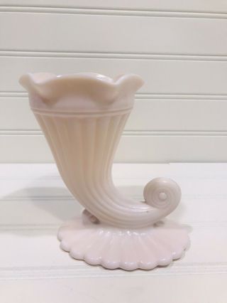 Vintage Jeanette Pink Milk Glass Cornucopia Horn Of Plenty Vase