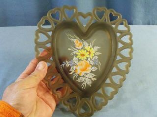 Westmoreland Brown Mist Satin Glass Heart Shaped Plate - Orange Roses Decoration