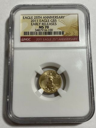 2011 $5 Gold Eagle Ms70 Ngc Early Releases 1/10oz Age