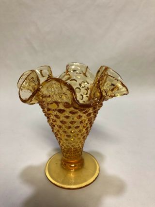 Vintage Fenton Amber Glass Hobnail Ruffled Edge Vase 4 "