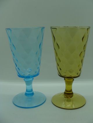 Eapg Blue & Amber Diamond Quilted Goblets