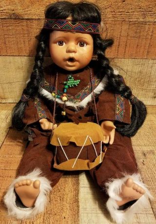 Ashley Belle Native American Indian Baby Doll Long Hair With Drum 17 "