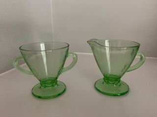 Vintage Uranium Green Depression Glass Sugar Cube And Creamer Dishes