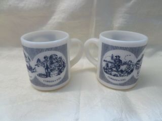 Vintage Milk Glass Mugs With Blue Currier And Ives Stencil By Hazel Atlas