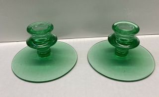 Vintage Pair Green Depression Uranium Glass Short Pedestal Candle Stick Holders
