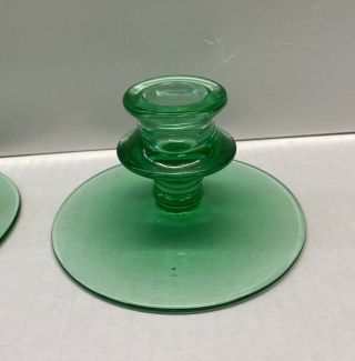 Vintage Pair Green Depression Uranium Glass Short Pedestal Candle Stick Holders 2