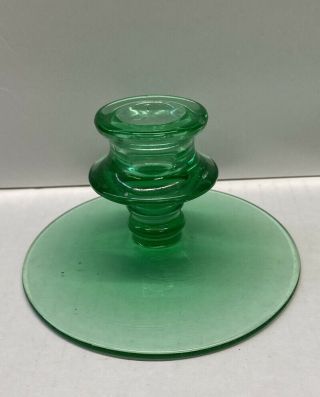 Vintage Pair Green Depression Uranium Glass Short Pedestal Candle Stick Holders 3
