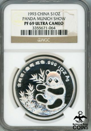 Rare 1993 China Panda Munich Show 1 Oz Silver.  999 Coin Ngc Pf69 Ultra Cameo