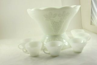 Vintage Grape Pattern Milk Glass Punch Bowl,  Base And 6 Cups