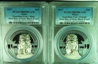 Rare 2017 Palau Guardian Lion M And F Pcgs Cert Pf - 69 Dcam 2 Oz Ea.  999 Silver