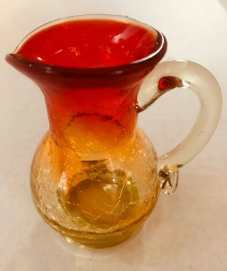 Crackle Glass Pitcher Amberina Vintage 3 1/4 " Red Yellow Orange Clear