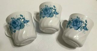 Set Of 3 Corelle By Corning Coffee Cups Blue Velvet Roses Swirl Rim Usa