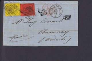 Postal History Italy - 1869 Cover Rome To France Papal States Sg 46 & 52 Perf