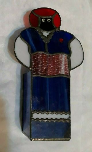 Antique Leaded 4 Sided Stained Glass Candle Holder African American Lady Design 2
