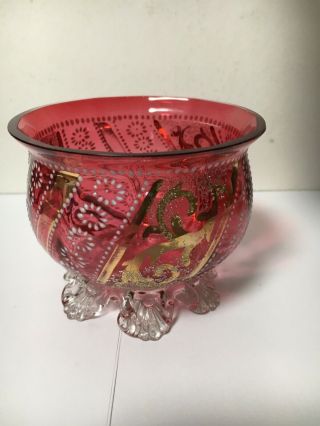 Lovely Vintage Moser Style Overshot Cranberry Footed Bowl