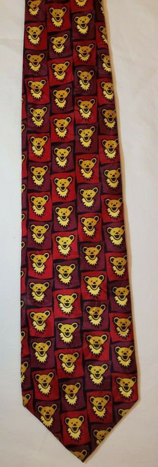 Grateful Dead Jerry Garcia Bears 100 Silk Necktie Made In Usa Red Maroon Yellow