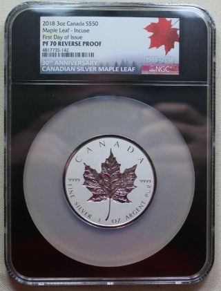 2018 Canada 3 Oz Silver Incuse Maple Leaf Ngc Pf70 Reverse Proof 1st Day Issue