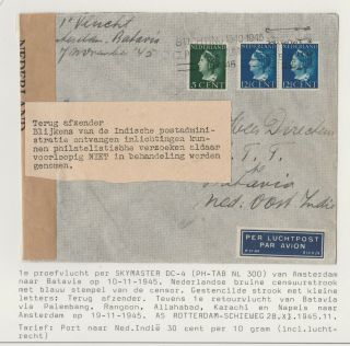 Netherlands Indies 1948 Censored Airmail Cover Trial Flight Retour Label Holland
