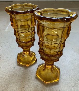 Pair Amber Art Deco Bagley Sowerby Glass Flower Vases 6 " Tall