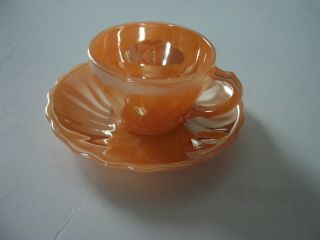 Vintage Fireking Ware Peach Lustre Ware Cup And Saucer Set Swirl Pattern