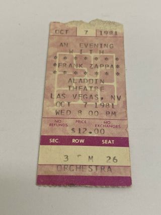 Frank Zappa Concert Ticket Stub Vtg Las Vegas Oct 7 1981 Aladdin Theater