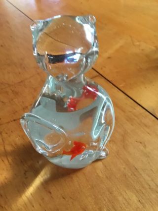 Murano Art Glass Cat Figurine,  Orange Fish In Belly,  Hand Blown 6 1/2” Adorable