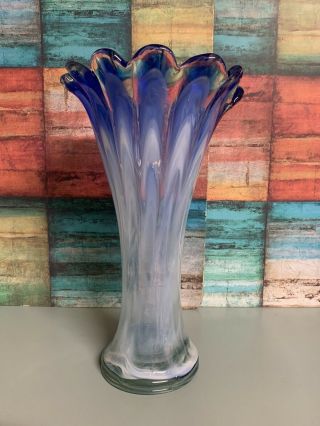 Blue And White Swirl Art Glass Vase 11” Tall Hand Blown With Pontil