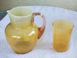 Antique Hand Blown Glass Pitcher 6 1/2 " And Cup 4 " - Yellow Swirls Pink Handle