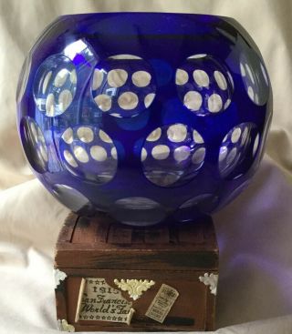 Vintage Bohemian Cobalt Blue Cut To Clear Crystal Rose Bowl Vase Circles Dots