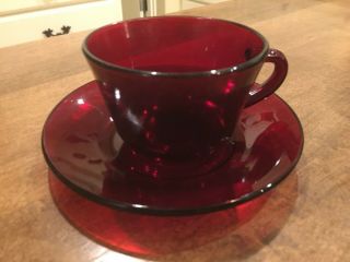 Vintage Replacement Anchor Hocking Royal Ruby Red Coffee Cup And Saucer Euc