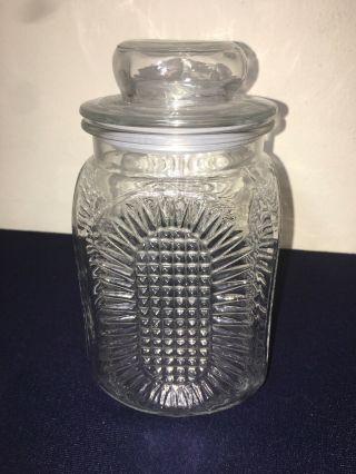 Vintage Anchor Hocking Clear Pressed Glass Canister Cookie Jar " Sunflower " Patte