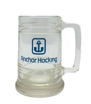Vntg Anchor Hocking Blue Logo Clear Glass Stein Mug Beer Root Fire King