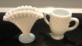 Vintage Fenton Milk Glass Hobnail Fan Vase And Two Handled Vase