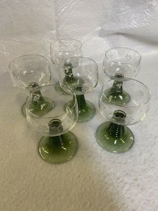 Vintage Wine Glass Green Stem Etched Grapes (set Of 6)