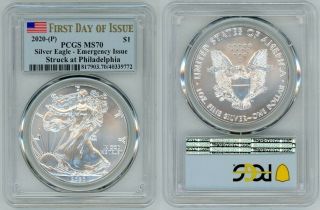 2020 (p) Silver American Eagle $1 Pcgs Ms70 Emergency First Day Of Issue Aaa