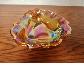 Vintage Marigold Floral Leaf Berry Carnival Glass Bowl 7 " Wide