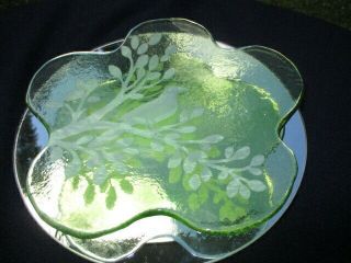 Textured Green Art Glass Plate Painted Bird On Tree Branch Sweets Cheese Etc
