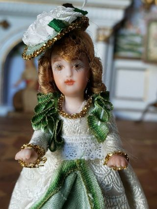 Dollhouse Miniature Artisan Little Porcelain Doll In Fancy Period Gown 1:12