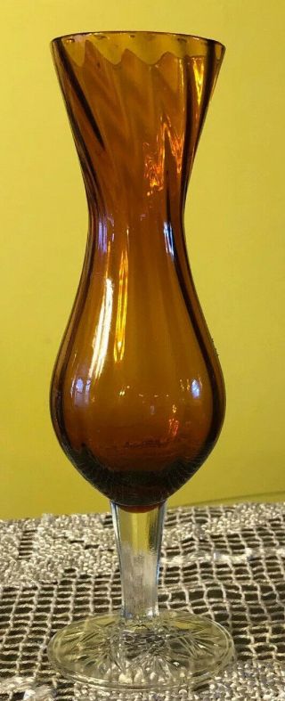Vintage 1950’s Amber Gold Blown Glass Bud Vase Footed Clear Star Base 8” Tall