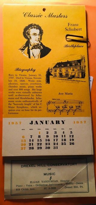 42 - Drexel Hill Conservatory Of Music Calendar 4 - 1/2x10 - 1/4”