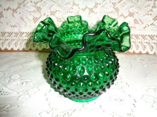 Vintage Art Glass Emerald Green Ruffled Hobnail Bowl Vase Fenton?